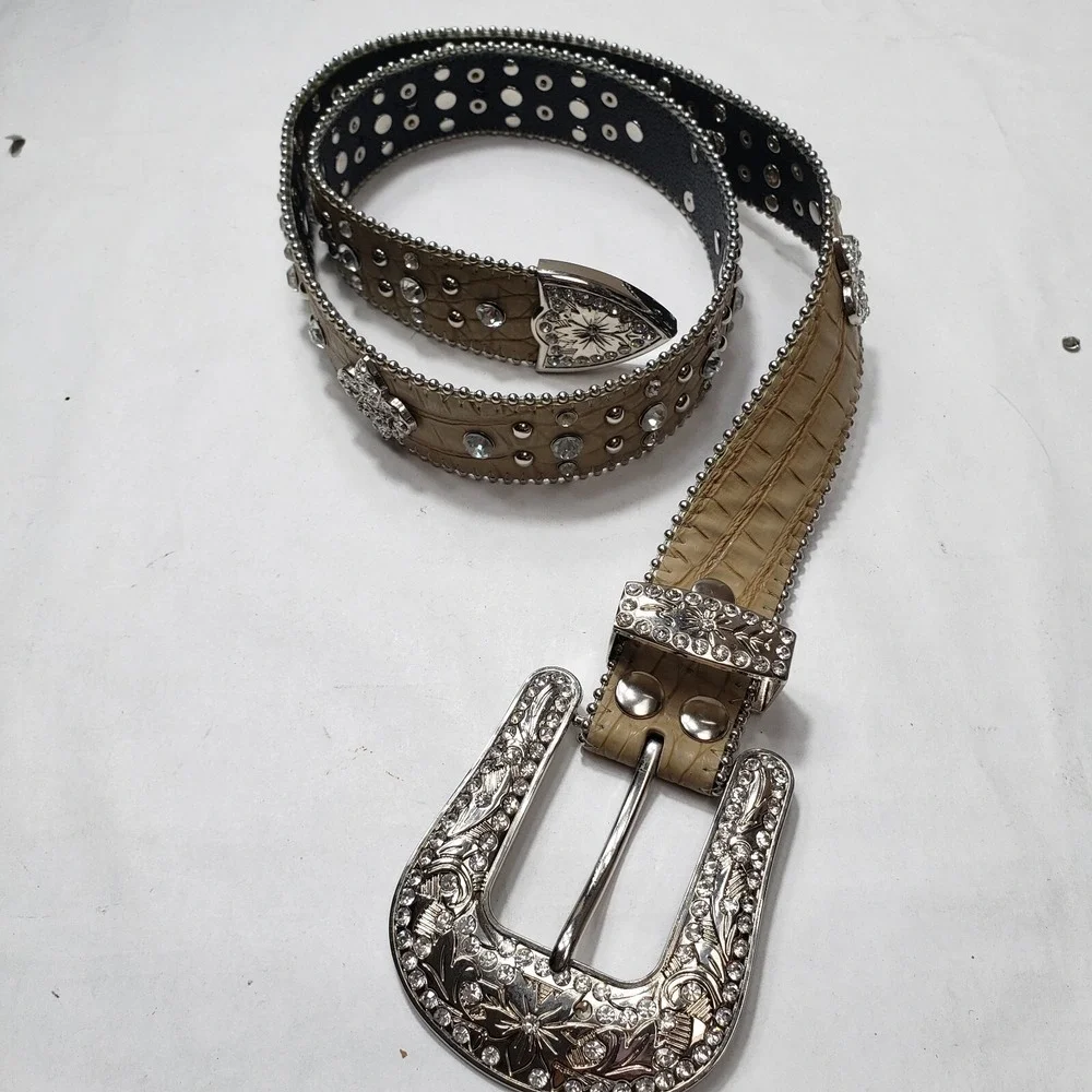 Genuine Leather Bling Western Belt Snakeskin Rhinestones Size Small Fleur-de-lis
